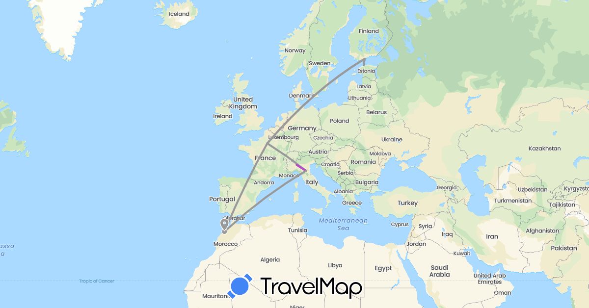TravelMap itinerary: driving, plane, train, boat in Estonia, Finland, France, Italy, Morocco (Africa, Europe)